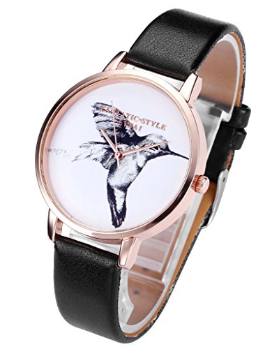 JSDDE Uhren Vintage Cute Skizze Kolibri Armbanduhr Maedchen Damen Quarz Uhr PU Lederband Rosegold Analog Quarzuhr Schwarz