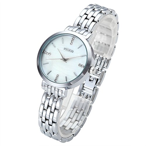 JSDDE Uhren Elegant mit Strass Muschel Zifferblatt Metall Armband Analog Quarzuhr Silber
