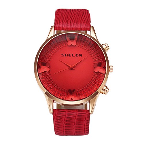 JSDDE Uhren Fashion Strass Schmetterling Luxus Rosegold Kunstleder Analog Quarz Uhr Rot