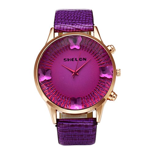 JSDDE Uhren Fashion Strass Schmetterling Luxus Rosegold Kunstleder Analog Quarz Uhr Violett