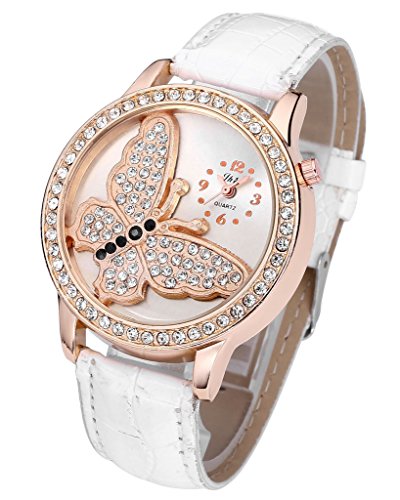JSDDE Uhren Elegant Damen Strass Armbanduhr Schmetterling Muster Kunstleder Quarz Analog Armreif Uhr Weiss