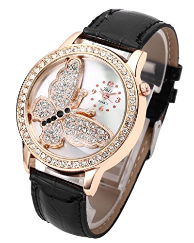 JSDDE Uhren Elegant Damen Strass Armbanduhr Schmetterling Muster Kunstleder Quarz Analog Armreif Uhr Schwarz