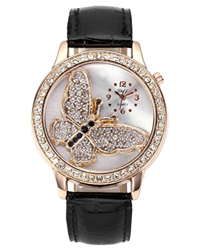 JSDDE Uhren Elegant Damen Strass Armbanduhr Schmetterling Muster Kunstleder Analog Quarzuhr Armreif Uhr Schwarz