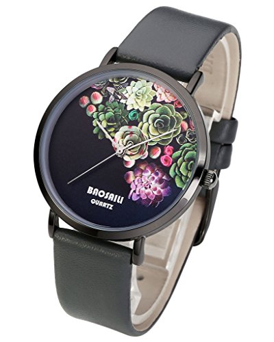 JSDDE Uhren Vintage Retro Basel Stil Armbanduhr Blume Knospe Blumenkern Armbanduhr Lederarmband Analog Quarzuhr Grau