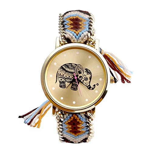 JSDDE Uhren Ethnisch Elefant Muster gestrickt gewebte Seil Band Armbanduhr Quarzuhr Orange Schwarz