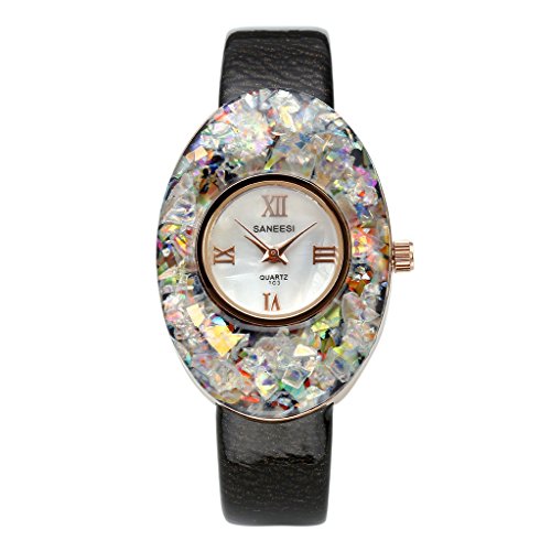 JSDDE Uhren Elegant Oval Rosegold Kunstharz Geh use Armbanduhr Slim Lederband Analog Quarzuhr Schwarz