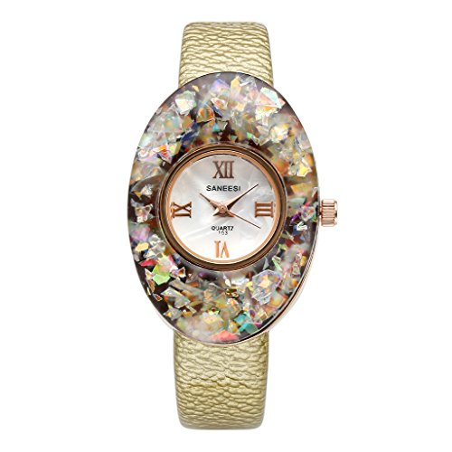 JSDDE Uhren Elegant Oval Rosegold Kunstharz Geh use Armbanduhr Slim Lederband Analog Quarzuhr Hellbraun