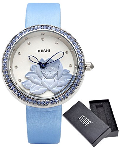 JSDDE Uhren Fashion mit Strass Relief Lotosblume Zifferblatt Armbanduhr Annalog Quarzuhr Blau