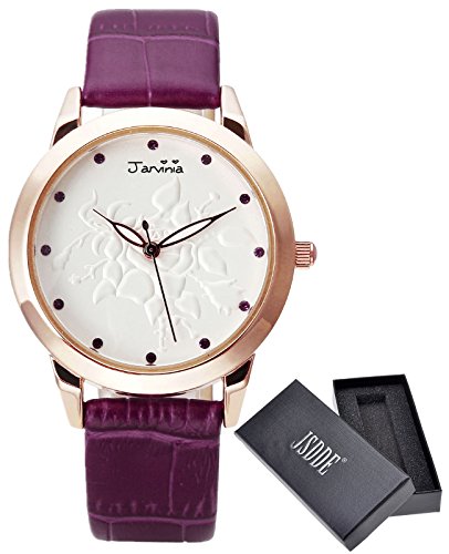JSDDE Uhren Fashion Relief Rose Blume Zifferblatt Armbanduhr mit Strass Annalog Quarzuhr Violett