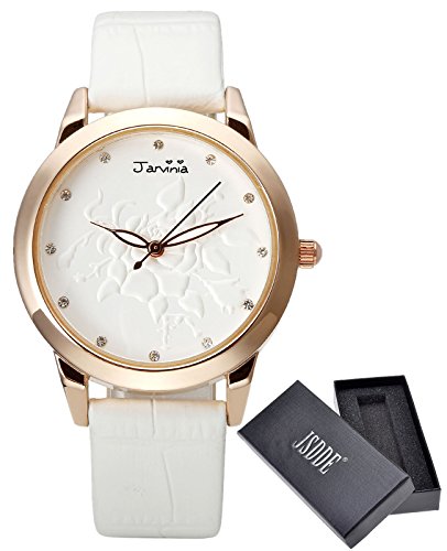 JSDDE Uhren Fashion Relief Rose Blume Zifferblatt Armbanduhr mit Strass Annalog Quarzuhr Weiss