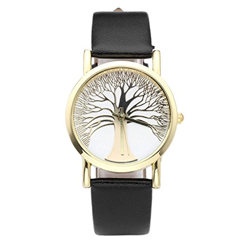 JSDDE Uhren Damenmode Gold Baum des Lebens Muster Armbanduhr Faux Lederarmband Analog Quarzuhr Schwarz