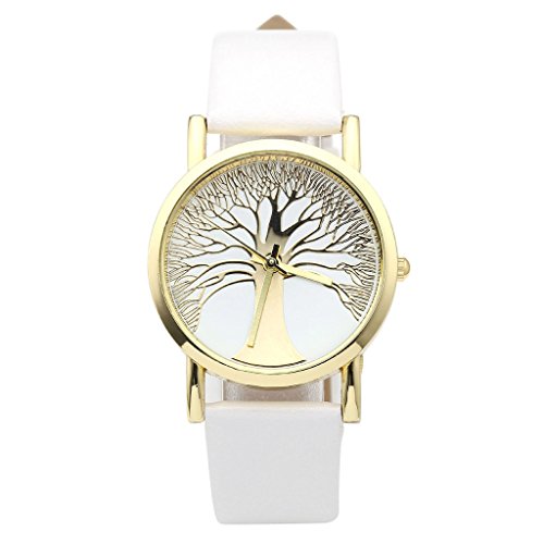 JSDDE Uhren Damenmode Gold Baum des Lebens Muster Armbanduhr Faux Lederarmband Analog Quarzuhr Weiss