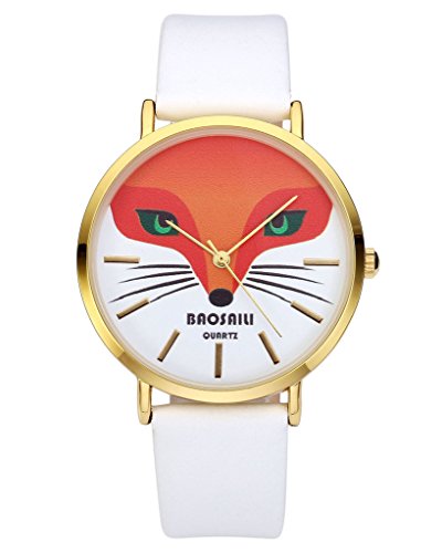 JSDDE Uhren Damenmode Cute Orange Fuchs Kopf Muster Armbanduhr Lederarmband Analog Quarzuhr Weiss