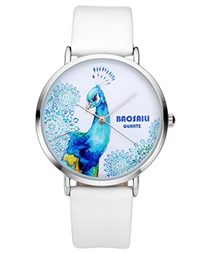 JSDDE Uhren Damenmode Elegante Armbanduhr Blau Pfau Muster Damen Lederarmband Analog Quarzuhr Weiss JSDDE5928