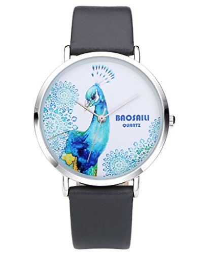 JSDDE Uhren Damenmode Elegante Armbanduhr Blau Pfau Muster Damen Lederarmband Analog Quarzuhr Grau