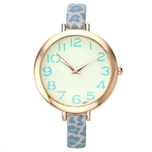 JSDDE Uhren Elegante Casual Armbanduhr XS Slim Leopard Lederarmband Analog Quarzuhr Minimalismus Blau