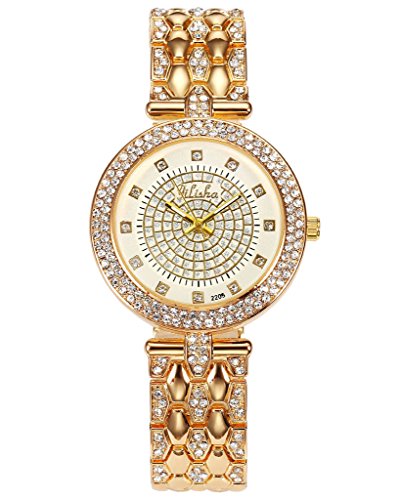JSDDE Uhren Luxus Elegante mit Strass Business Uhr Gold Metall Armband Analog Quarzuhr Weiss