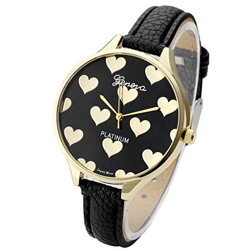 JSDDE Uhren Genf Elegante XS Slim Lederarmband Uhr Golden Herzen Ladies Dress Analog Quarzuhr Schwarz