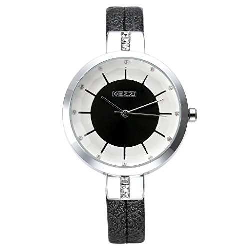 JSDDE Uhren Elegante mit Strass XS Slim Lederband Wasserdicht Analog Quarzuhr Schwarz
