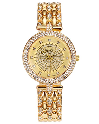 JSDDE Uhren Luxus Elegante Strass Business Uhr Gold Metall Armband Analog Quarzuhr Gold Gelb