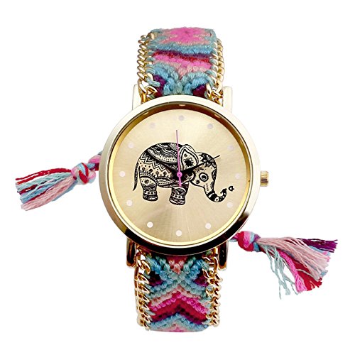 JSDDE Uhren Ethnisch Elefant Muster Armbanduhr gestrickt gewebte Seil Band Analog Quarzuhr Rosa Gruen