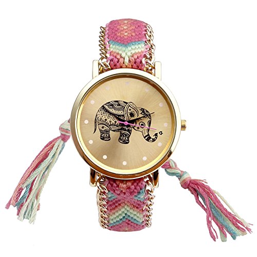 JSDDE Uhren Ethnisch Elefant Muster Armbanduhr gestrickt gewebte Seil Band Analog Quarzuhr Gruen Pink