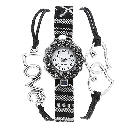 JSDDE Uhren Vintage Ethnisch Armreif Armbanduhr mit Strass Love Herz Lederarmband Analog Quarzuhr Schwarz
