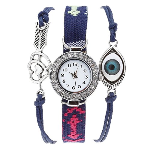 JSDDE Uhren Vintage Ethnisch Armreif Armbanduhr mit Strass Pfeil Herz Blau Augen Lederarmband Analog Quarzuhr Blau