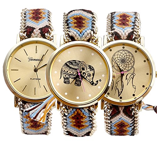 JSDDE Uhren Set Damen Ethnisch Genf Elefant Dreamcatcher Armbanduhr Vintage gewebte Seil Band Quarzuhr Orange Schwarz