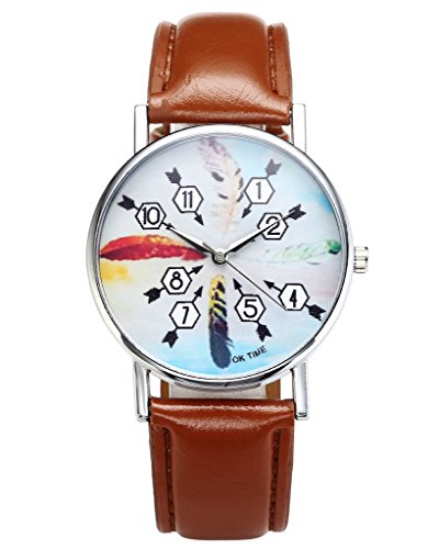 JSDDE Uhren Fashion Feder Pfeil Blatt Indianerstamm Stil Quarz Uhr Lederband Armbanduhr Braun