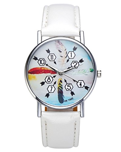 JSDDE Uhren Fashion Feder Pfeil Blatt Indianerstamm Stil Quarz Uhr Lederband Armbanduhr Weiss