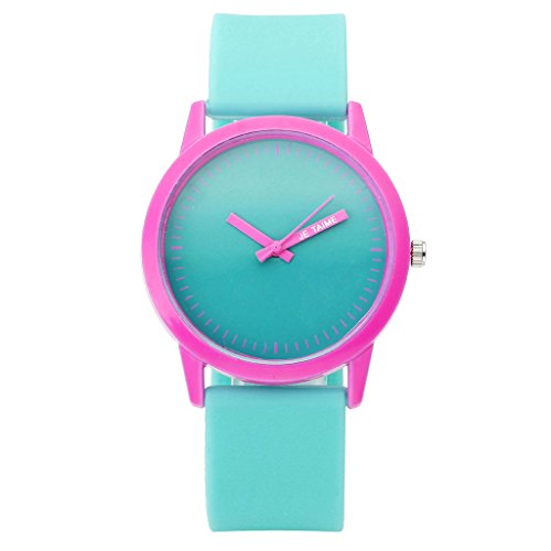 JSDDE Uhren Fashion Kontrast Farbe JE TAIME Armbanduhr Silikon Armband Analog Quarz Uhr Gruen Rosa