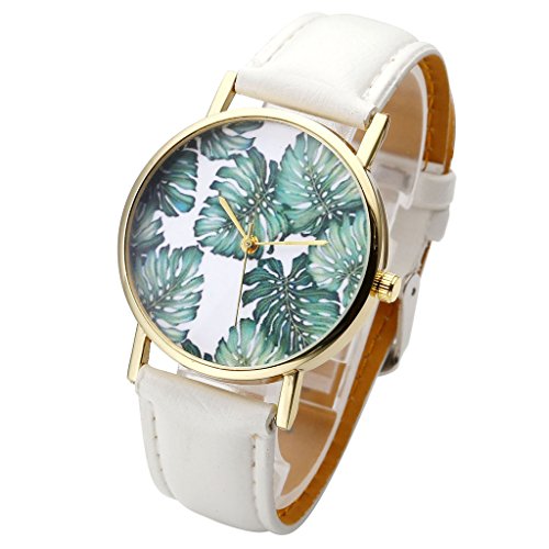 JSDDE Uhren Fashion Gruen Pflanze Banane Blatt Muster Armbanduhr Leder Armband Analog Quarz Uhr Weiss