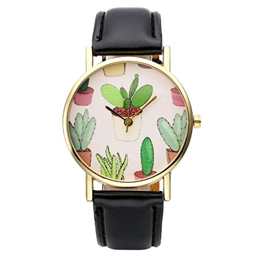JSDDE Uhren Fashion Topfpflanze Kaktus Muster Armbanduhr Leder Armband Analog Quarz Uhr Schwarz