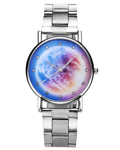 JSDDE Uhren Fashion Armbanduhr Stern Universum Mond Armbanduhr mit Strass Edelstahl Armreif Qaurz Uhr Dress Kleid Uhr