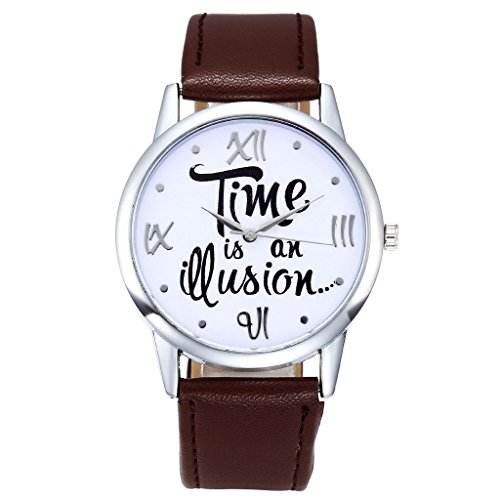 JSDDE Uhren Fashion Time is an illusion Graviert Armbanduhr Kunstleder Band Analog Quarzuhr Dunkelbraun