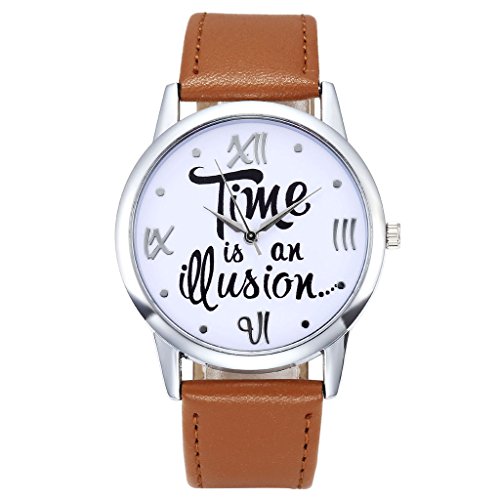 JSDDE Uhren Fashion Time is an illusion Graviert Armbanduhr Kunstleder Band Analog Quarzuhr Hellbraun