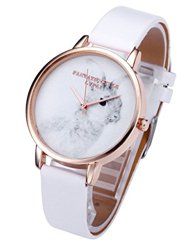 JSDDE Uhren Vintage Cute Kaninchen Armbanduhr Maedchen Damen Quarz Uhr PU Lederband Rosegold Analog Quarzuhr Weiss