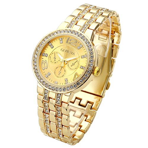 JSDDE Uhren Klassisch unecht Chronograph Optik Unisex Armbanduhr Strassstein Design Edelstanl Analog Quarzuhr Gold