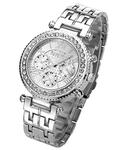 JSDDE Uhren Klassische Genf XL Uhren Strass Armbanduhr Traveler unecht Chronograph Business Quarzuhr Silber