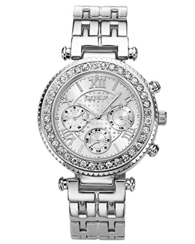 JSDDE Uhren Klassische Genf Strass Armbanduhr Traveler unecht Chronograph Blogger Business Quarzuhr Silber
