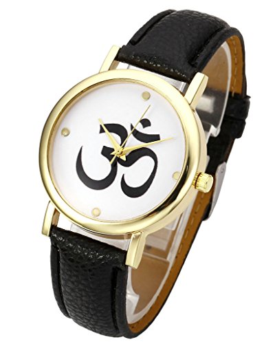 JSDDE Uhren Modische Sanskrit OM Symbol Muster Quarz Uhr Freundschafts Lederband Armbanduhr Buddha Uhr Schwarz