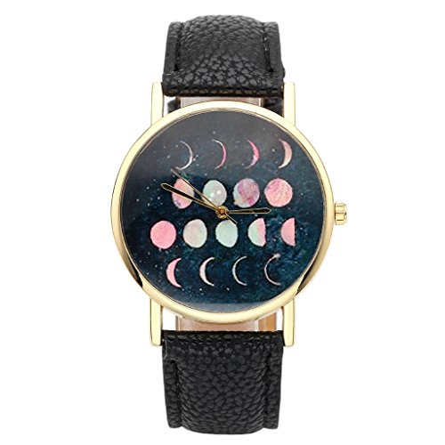JSDDE Uhren Fashion Damen Pink Mond Mondfinsternis Muster Armbanduhr Faux Lederarmband Analog Quarzuhr Schwarz
