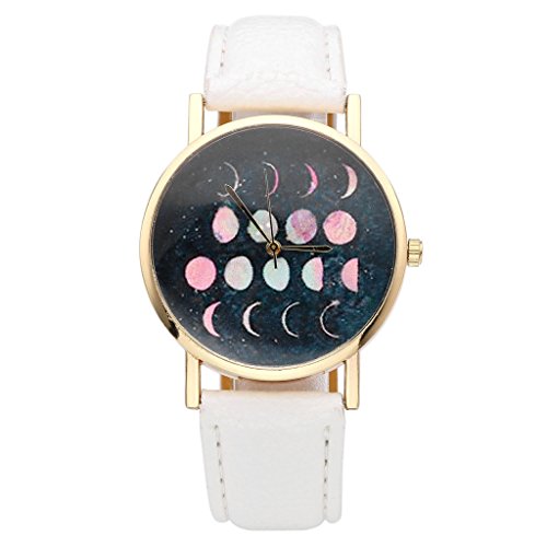 JSDDE Uhren Fashion Damen Pink Mond Mondfinsternis Muster Armbanduhr Faux Lederarmband Analog Quarzuhr Weiss