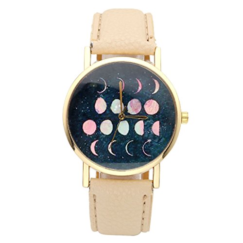 JSDDE Uhren Fashion Damen Pink Mond Mondfinsternis Muster Armbanduhr Faux Lederarmband Analog Quarzuhr Beige