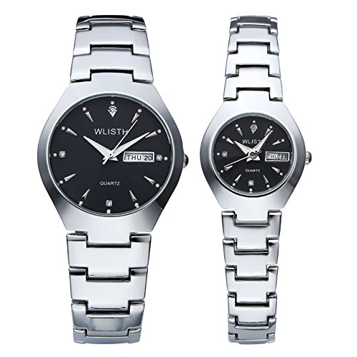 JSDDE Paaruhren Klassisch Partner Armbanduhr Massiv Premium Edelstahl Analog Quarzuhr Doppel Kalender Uhren Set Silber