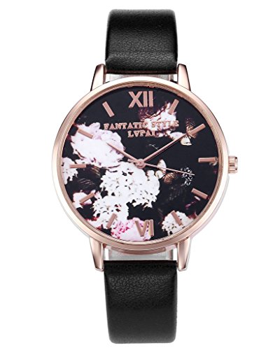 JSDDE Uhren Retro Blumen und Schmetterling Basel Stil Quarzuhr Lederband Rosegold Quarz Uhr Schwarz