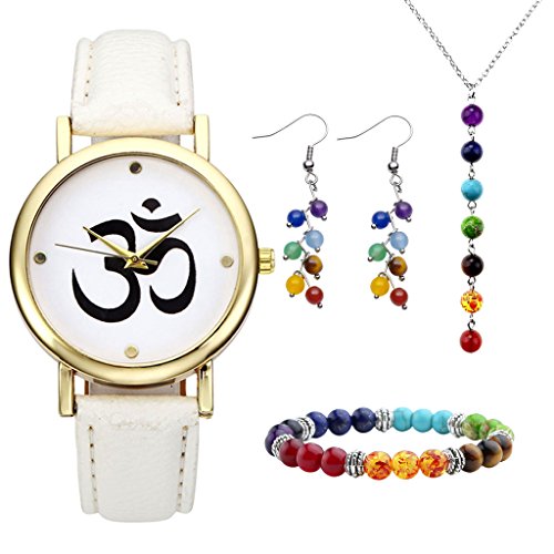 JSDDE Uhren Set Sanskrit OM Symbol Muster Armbanduhr 7 Chakra Armband Anh nger Halskette Ohrringe Reiki Healing Schmuck Set 2 Weiss