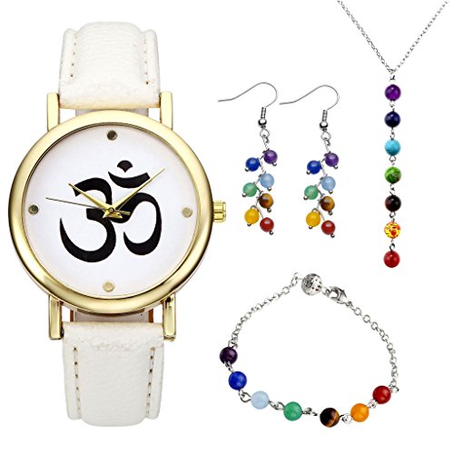 JSDDE Uhren Set Sanskrit OM Symbol Armbanduhr 7 Chakra Anh nger Halskette Armband Ohrringe 7 Stein Reiki Healing Set 1 Weiss