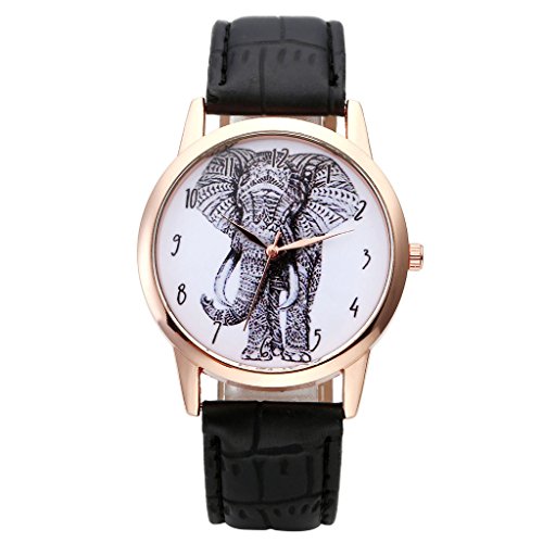 JSDDE Uhren Vintage Skizze Elefant Zifferblatt Armbanduhr Leder Armband Analog Quarz Uhr Schwarz